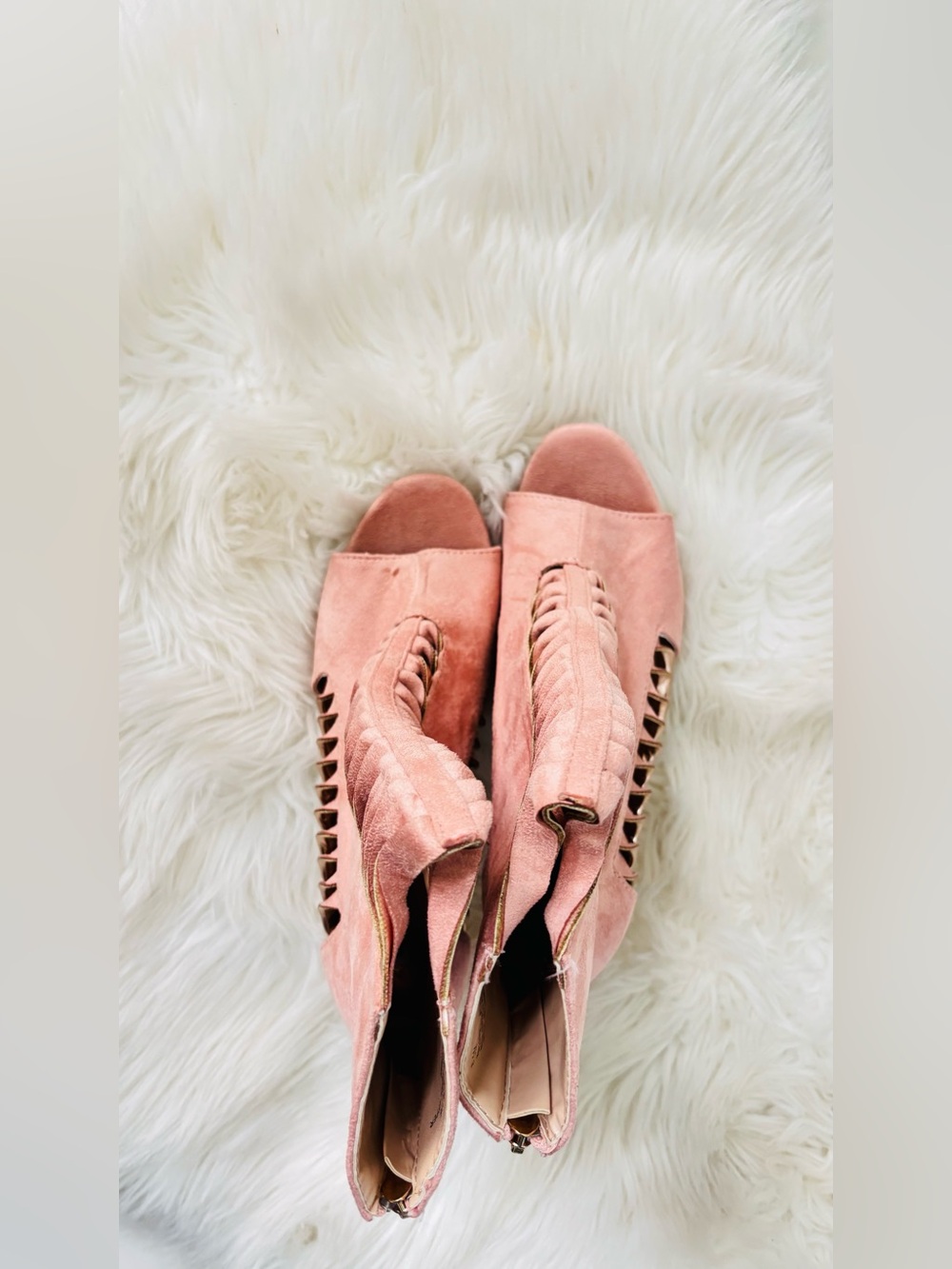 Cape Robbin Rose Gold & Pink Suede Cutout Metallic Peep-Toe Stiletto Booties NEW - Picture 10 of 16